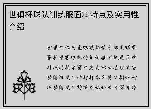 世俱杯球队训练服面料特点及实用性介绍